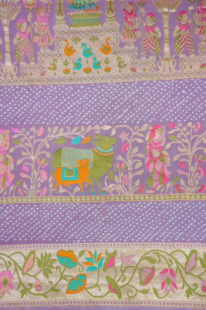 Founder Choice 038: Pure Bandhani Gajji Silk Lavender Saree with Meenakari Body &amp; Bird Motif Border (Silk Certified)