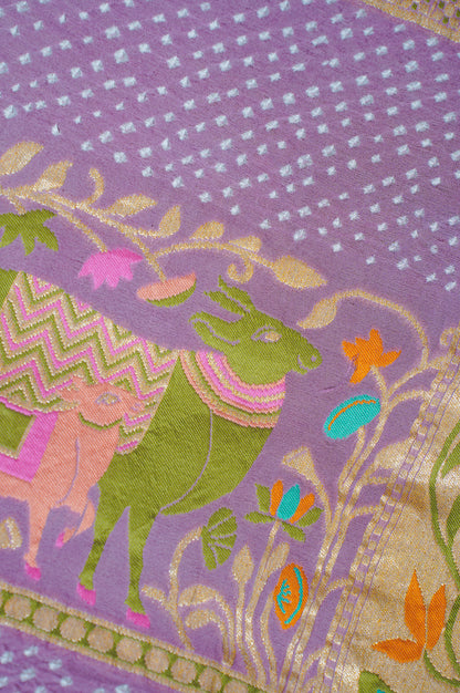 Founder Choice 038: Pure Bandhani Gajji Silk Lavender Saree with Meenakari Body &amp; Bird Motif Border (Silk Certified)
