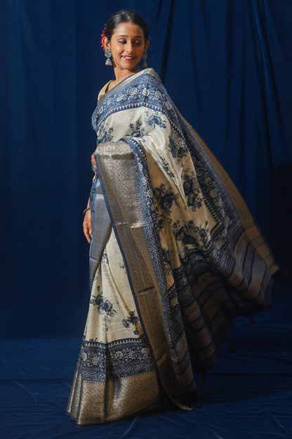 Blue Natural Moonga Georgette Saree with Handloom Border