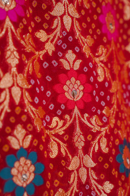 ODHANA 015: Bright Red Handcrafted Bandhani Pure Khaddi Georgette Odhana with Zari Border