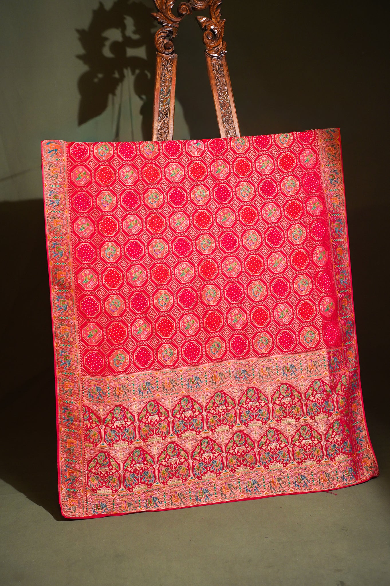 Waah Banaras 128 Cheri Red Khaddi Banarasi Saree with Meenakari Birds &amp; Elephants