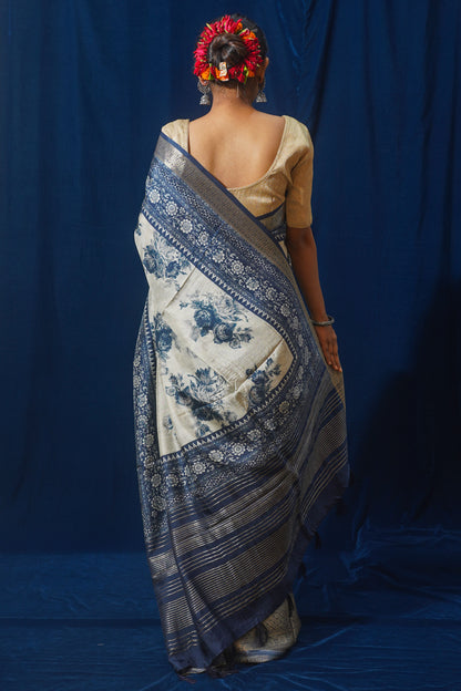 Blue Natural Moonga Georgette Saree with Handloom Border