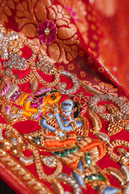 ODHANA 015: Bright Red Handcrafted Bandhani Pure Khaddi Georgette Odhana with Zari Border