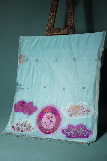 "UTSAV BANARAS 302" Banarasi Sea Green Chanderi Jamdani Silk Saree with Scalloped Floral Pallu