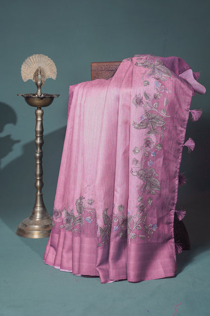 UTSAV BANARAS 279" Banarasi Onion Pink Artistic Aari Pita Work Matka Silk Saree