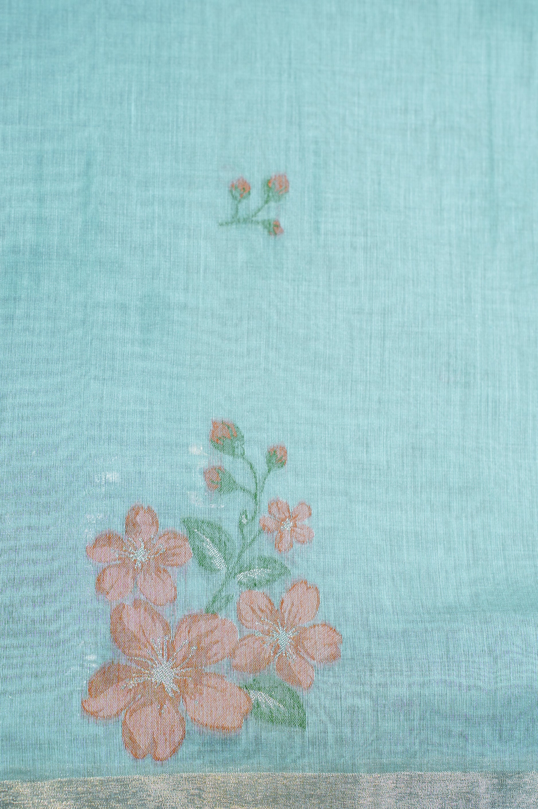 "UTSAV BANARAS 302" Banarasi Sea Green Chanderi Jamdani Silk Saree with Scalloped Floral Pallu