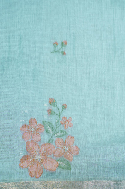 "UTSAV BANARAS 302" Banarasi Sea Green Chanderi Jamdani Silk Saree with Scalloped Floral Pallu