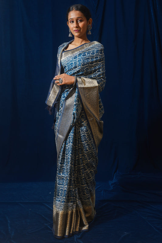 Blue Natural Moonga Georgette Saree with Handloom Border