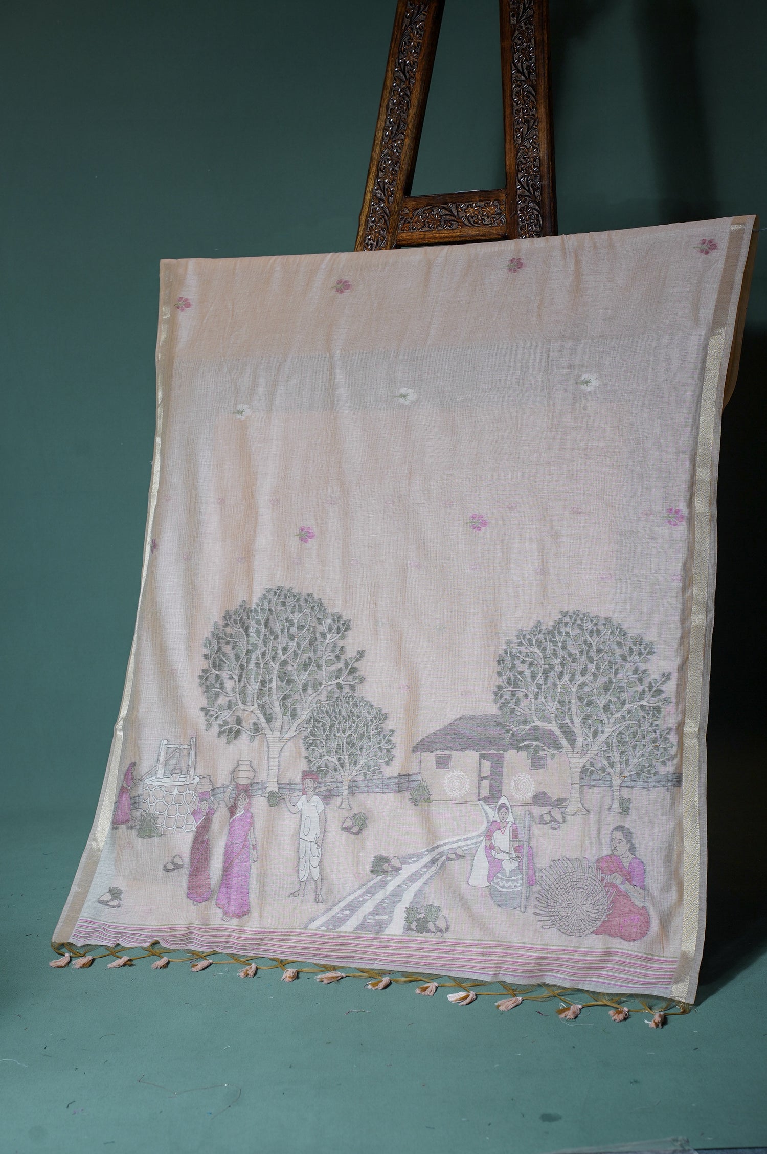 "UTSAV BANARAS 308" Banarasi Chikoo Beige Chanderi Jamdani Saree with Village Life Narrative