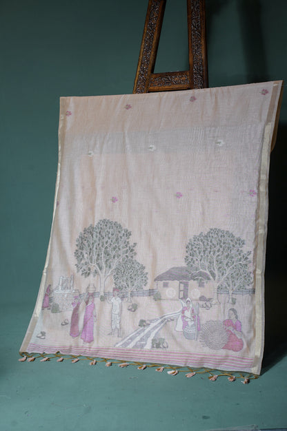 "UTSAV BANARAS 308" Banarasi Chikoo Beige Chanderi Jamdani Saree with Village Life Narrative