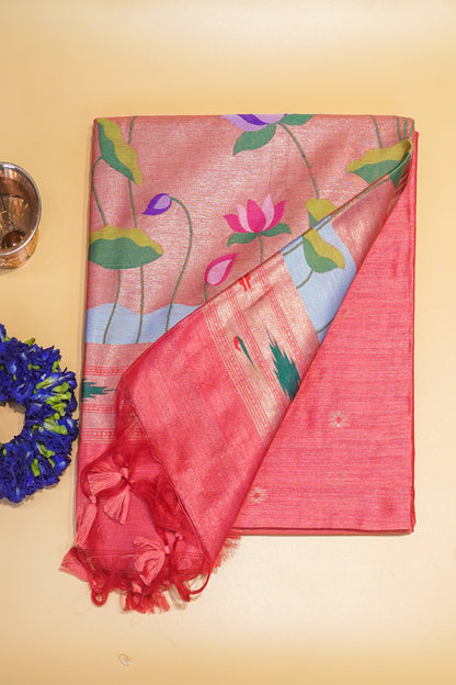 "UTSAV BANARAS 168" Banarasi Coral-Red Cotton Tissue With Kamal Butta Silk Saree