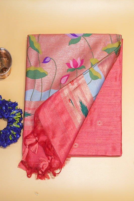 "UTSAV BANARAS 168" Banarasi Coral-Red Cotton Tissue With Kamal Butta Silk Saree