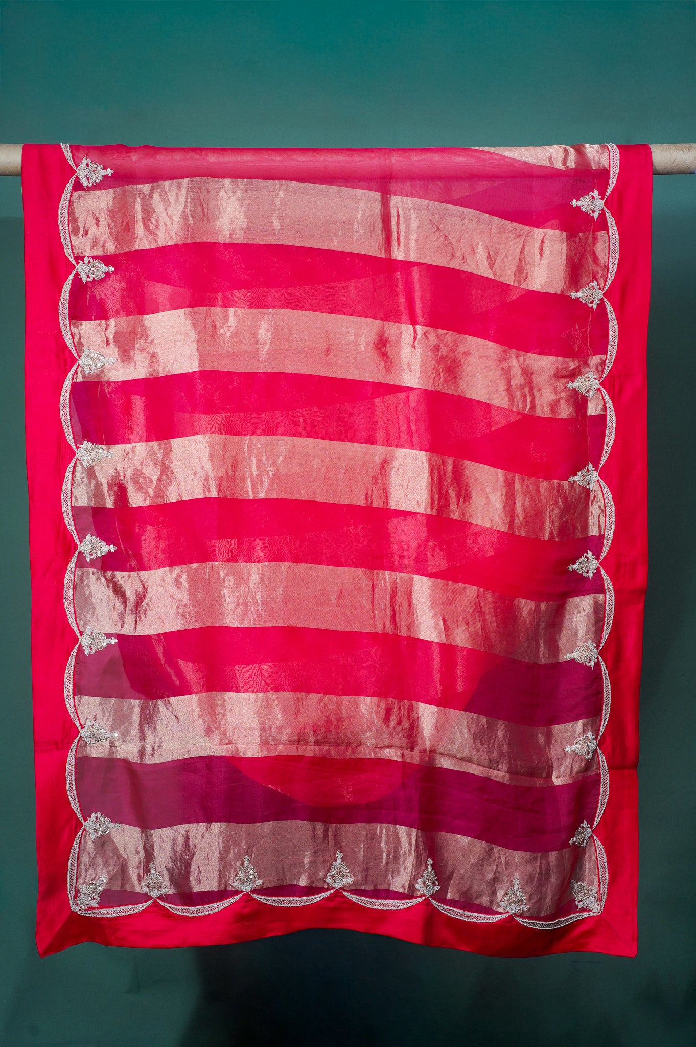 Founder Choice 030: Crimson Red Pure Organza Tissue Silk Saree With Scallop Zardozi Fina Work (Silk Certified)