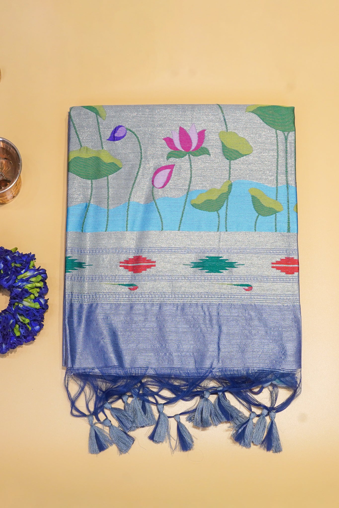"UTSAV BANARAS 169" Banarasi  Elegant Blue Cotton Tissue Silk Saree With Kamal Butta