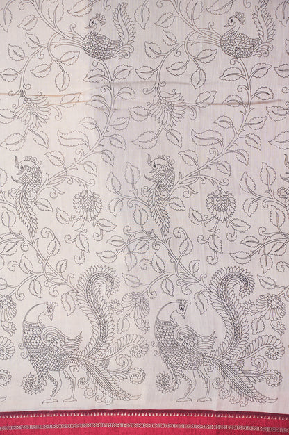UTSAV BANARAS 335: Graceful Ivory Munga Silk Saree with Artistic Print &amp; Satin Zari Patta Border