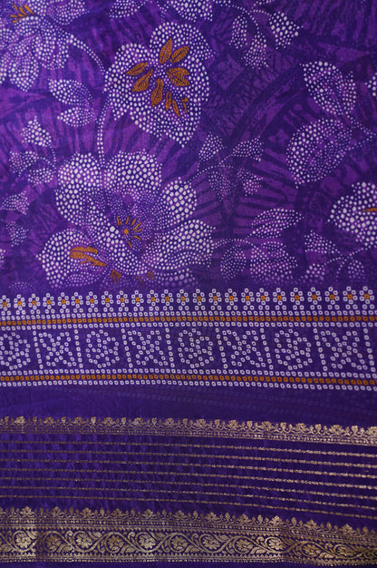 Waah Banaras 064 Violet Malai Silk Saree with Floral &amp; leaf Print &amp; Zari Border