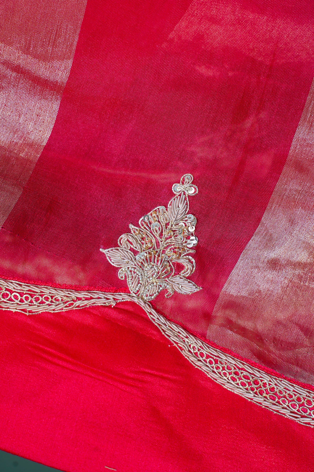 Founder Choice 030: Crimson Red Pure Organza Tissue Silk Saree With Scallop Zardozi Fina Work (Silk Certified)