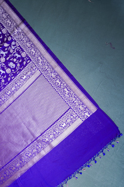 "WAAH BANARAS 113" Banarasi Royal Purple Silk Shikargah Saree with Sona Rupa Weaving