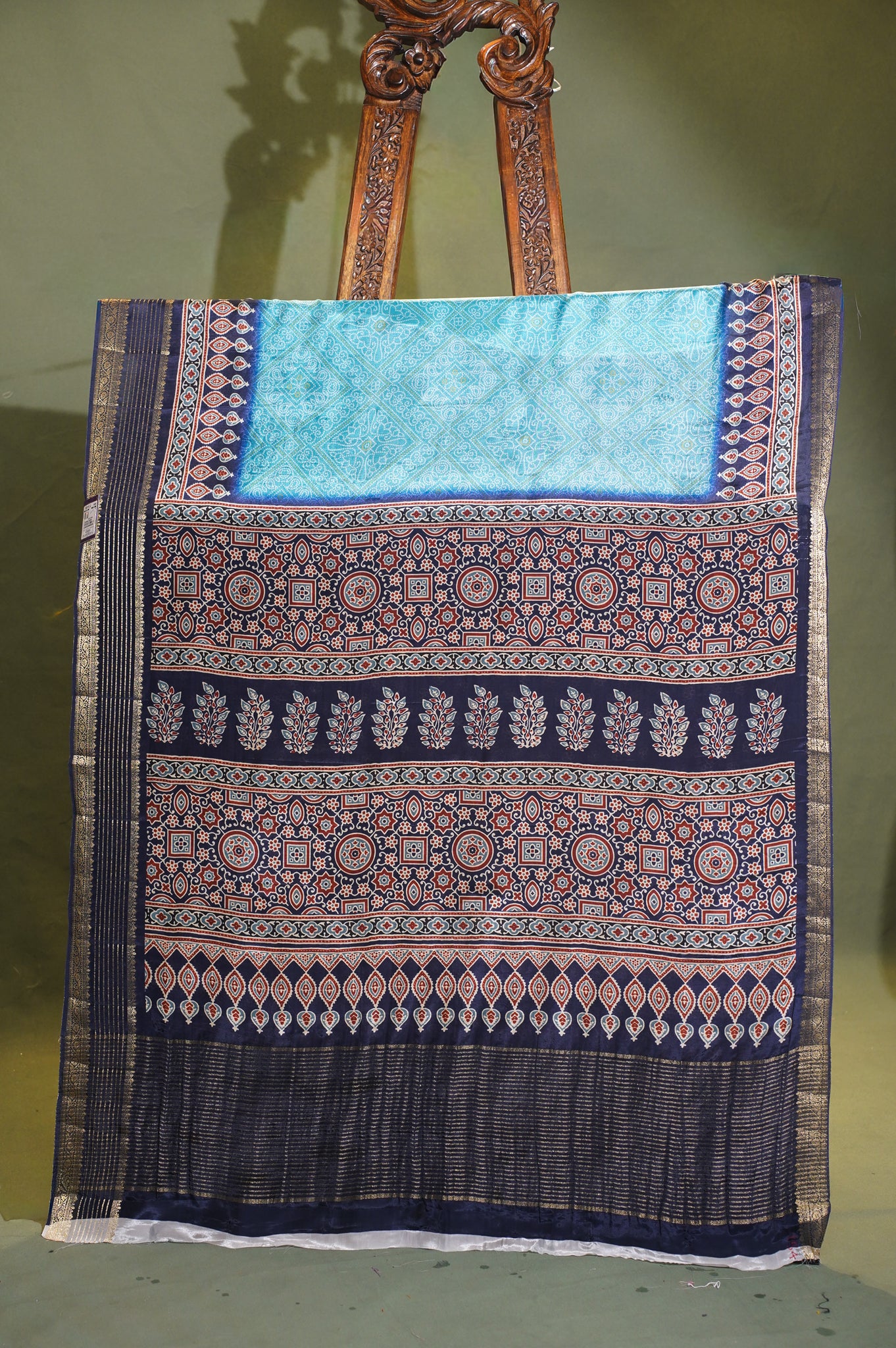 Waah Banaras 067 Sky Blue &amp; Navy blue Malai Silk Saree with Chunari Square Print &amp; Ajrakh Inspired Zari Palla