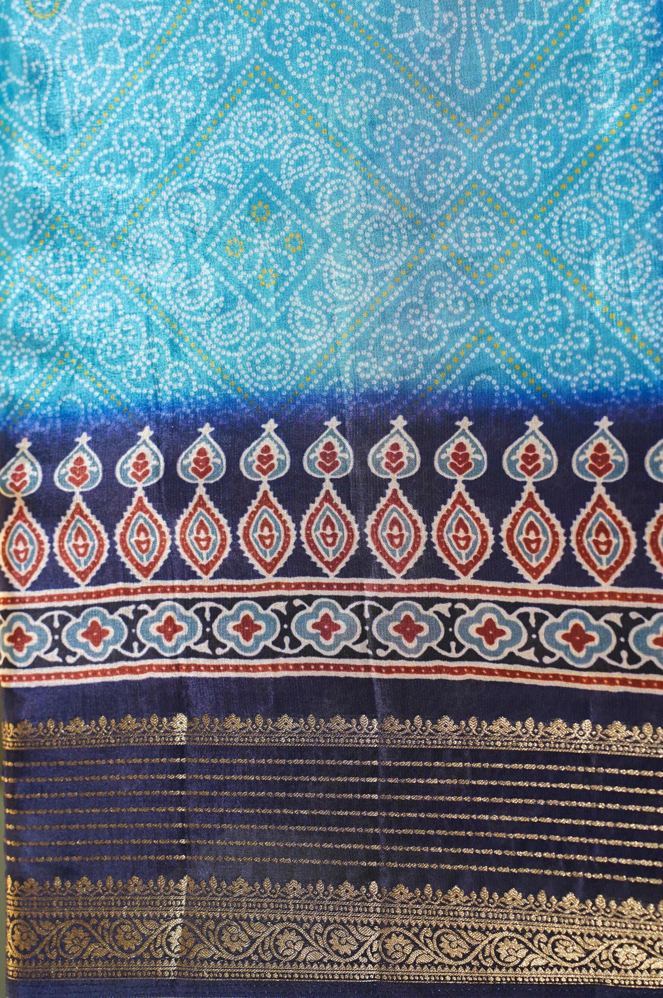 Waah Banaras 067 Sky Blue &amp; Navy blue Malai Silk Saree with Chunari Square Print &amp; Ajrakh Inspired Zari Palla