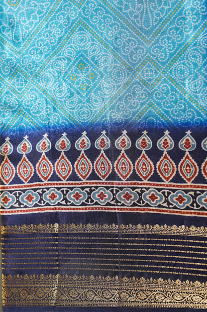 Waah Banaras 067 Sky Blue &amp; Navy blue Malai Silk Saree with Chunari Square Print &amp; Ajrakh Inspired Zari Palla