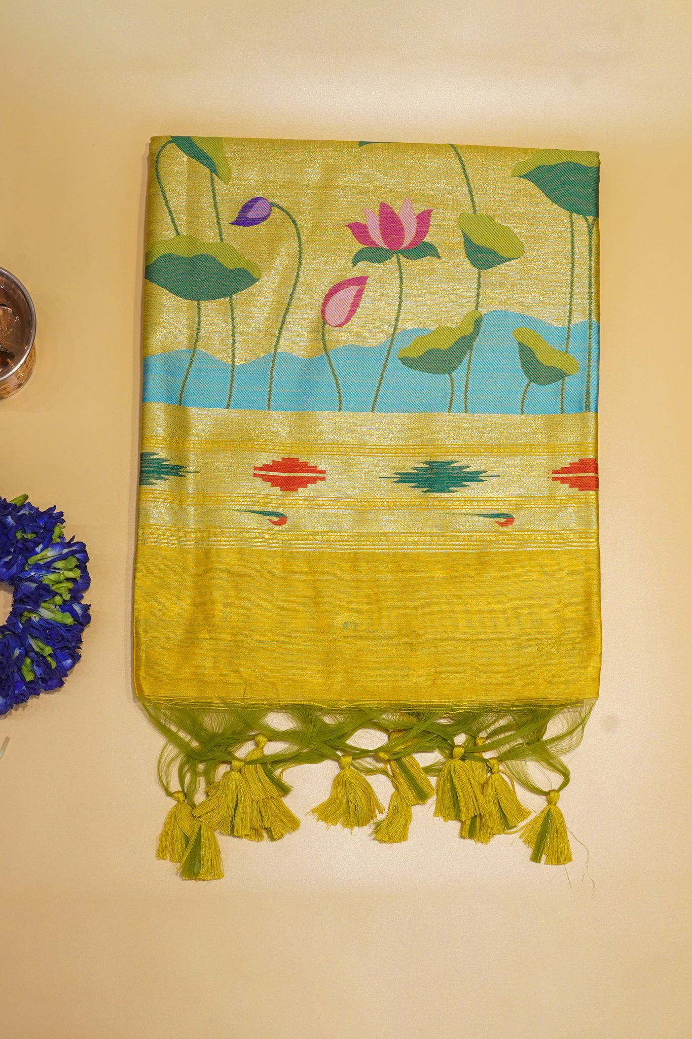 "UTSAV BANARAS 170" Banarasi Bright Yellow Cotton Tissue Silk Saree With Kamal Butta