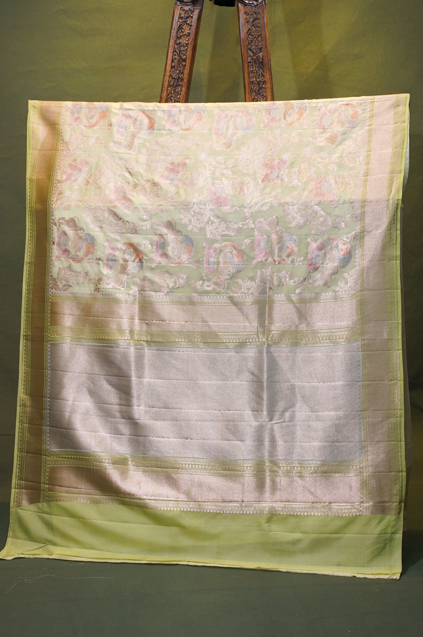 VIRASAT 335: Pastel Green Pure Handloom Katan Silk Saree with Zari Shikargah &amp; Meenakari Work - Silk Mark Certified