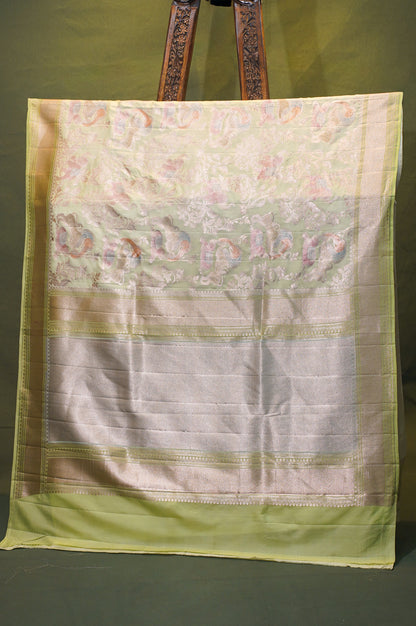 VIRASAT 335: Pastel Green Pure Handloom Katan Silk Saree with Zari Shikargah &amp; Meenakari Work - Silk Mark Certified