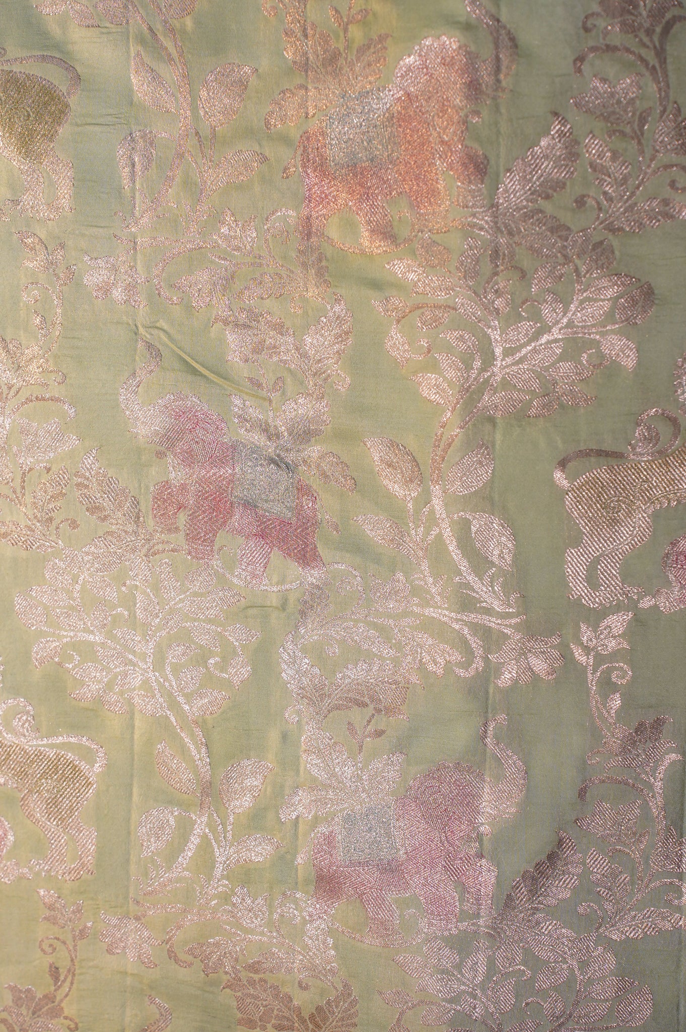 VIRASAT 335: Pastel Green Pure Handloom Katan Silk Saree with Zari Shikargah &amp; Meenakari Work - Silk Mark Certified