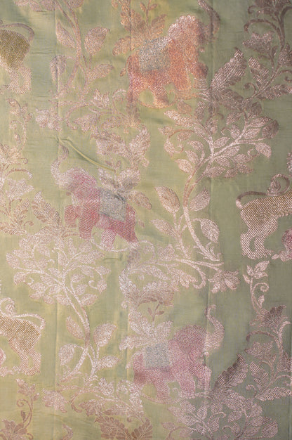 VIRASAT 335: Pastel Green Pure Handloom Katan Silk Saree with Zari Shikargah &amp; Meenakari Work - Silk Mark Certified
