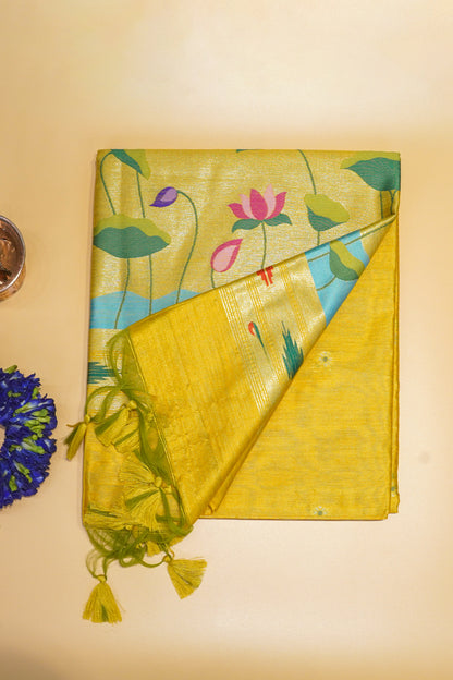 "UTSAV BANARAS 170" Banarasi Bright Yellow Cotton Tissue Silk Saree With Kamal Butta