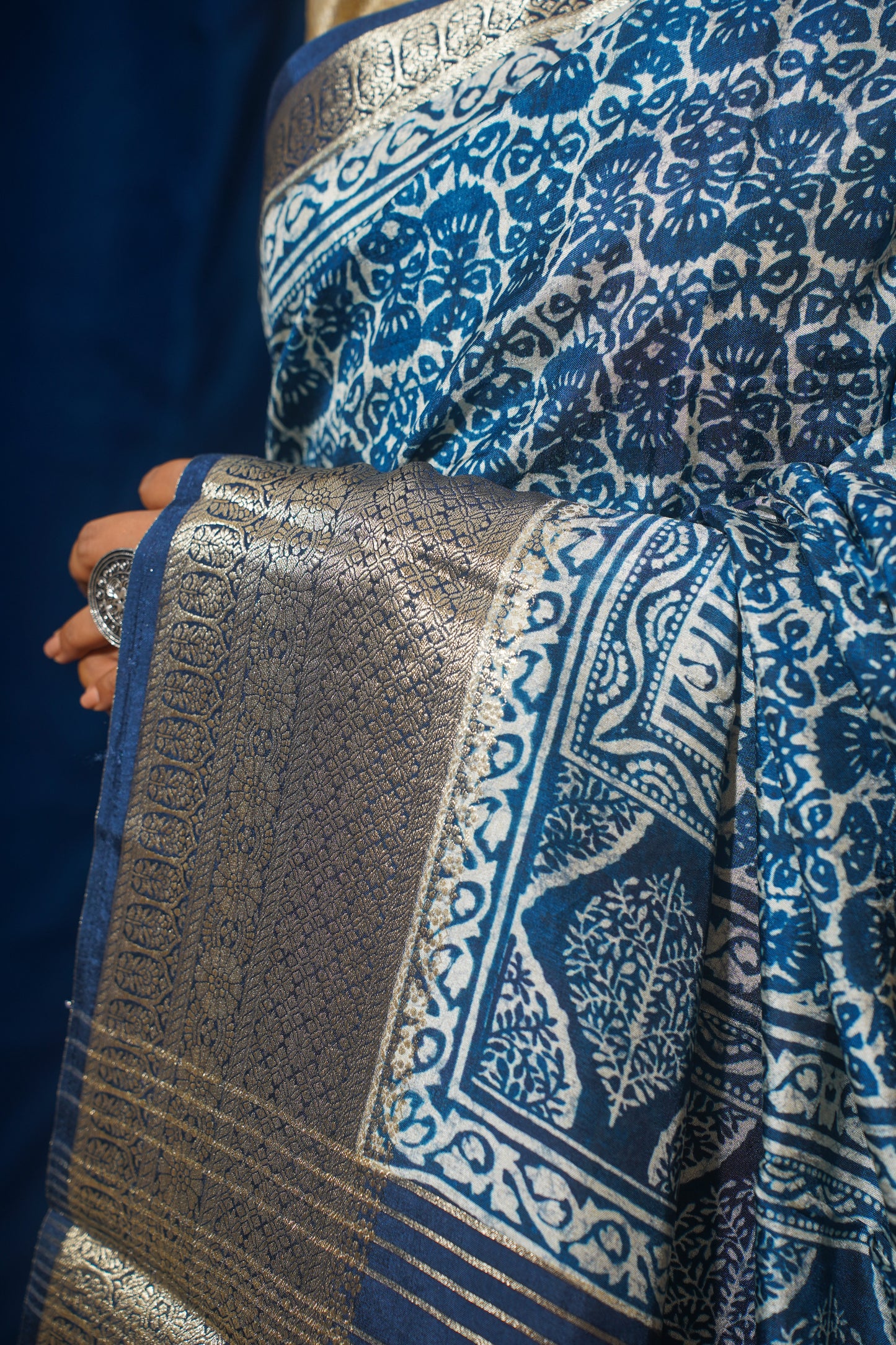 Blue Natural Moonga Georgette Saree with Handloom Border