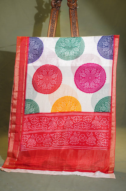 Waah Banaras 066 Creamy White &amp; Chery Red Malai Silk Saree with Chunari Big Buta Print &amp; Zari Border
