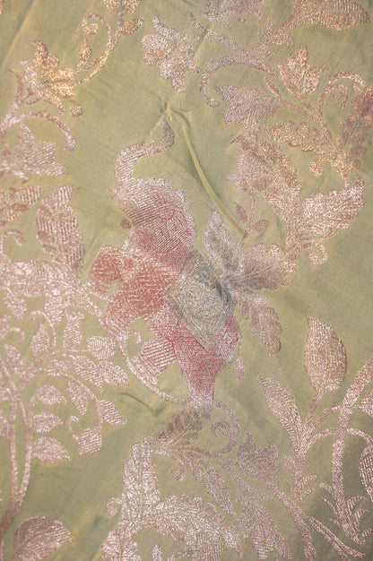 VIRASAT 335: Pastel Green Pure Handloom Katan Silk Saree with Zari Shikargah &amp; Meenakari Work - Silk Mark Certified
