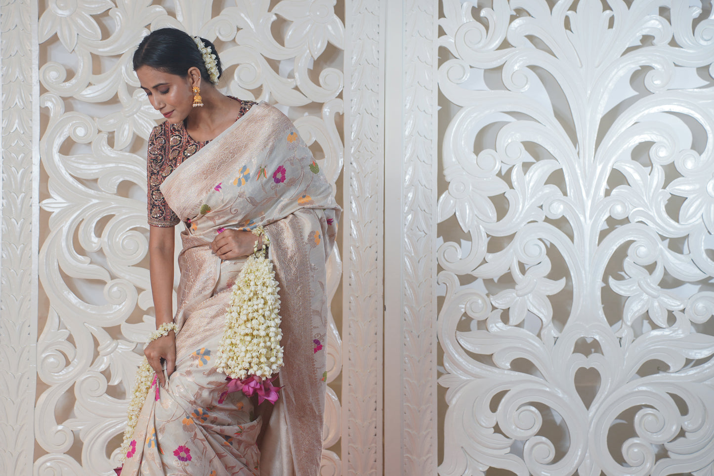 White Pure Silk Banarasi Saree with Meenakari work