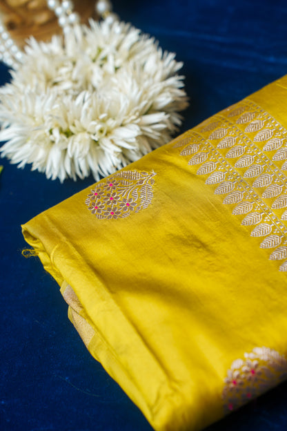 Lemon Yellow Pure Kadwa Banarasi Unstitched Suit Set