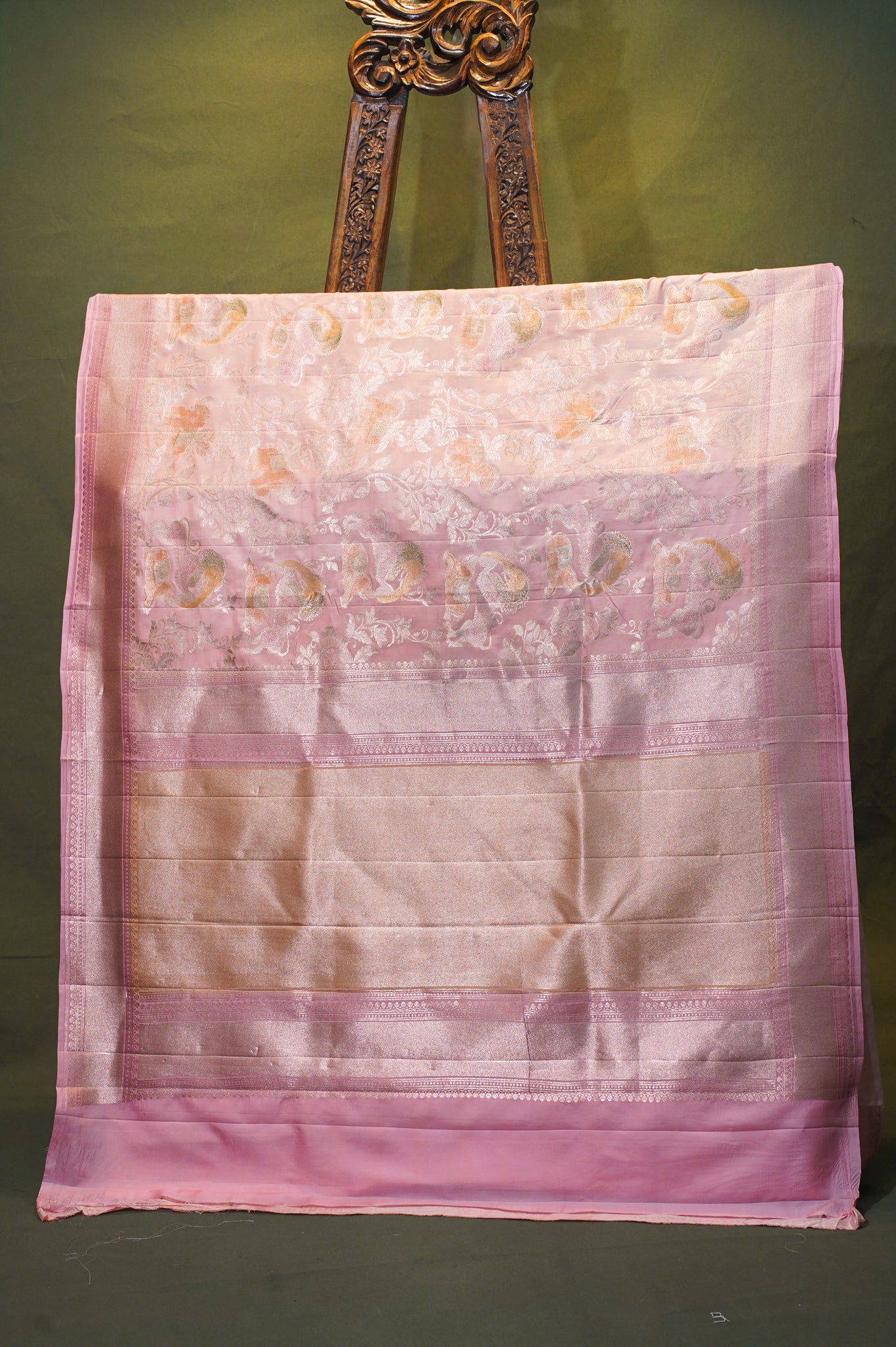 VIRASAT 332: Dusty Pink Pure Handloom Katan Silk Saree with Zari Shikargah &amp; Meenakari Work - Silk Mark Certified