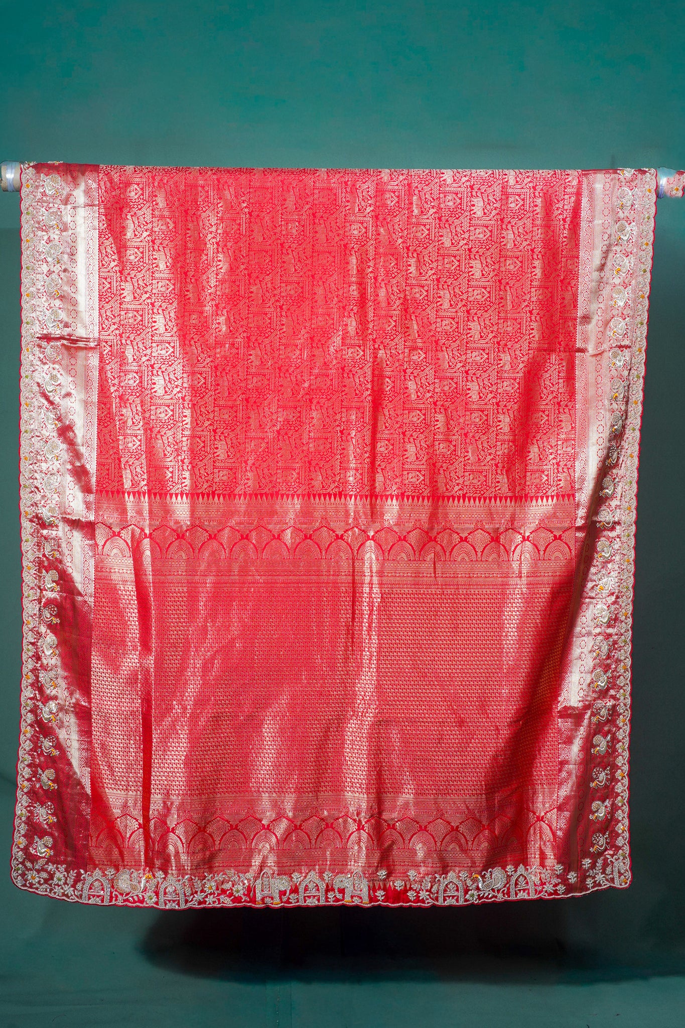 "Founder Choice 041" Banarasi Royal Red Pure Kanjivaram Barik Zardozi Cut Work Border Embroidered Silk Saree