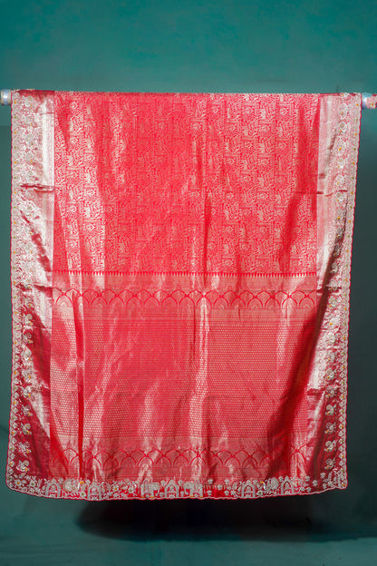 "Founder Choice 041" Banarasi Royal Red Pure Kanjivaram Barik Zardozi Cut Work Border Embroidered Silk Saree