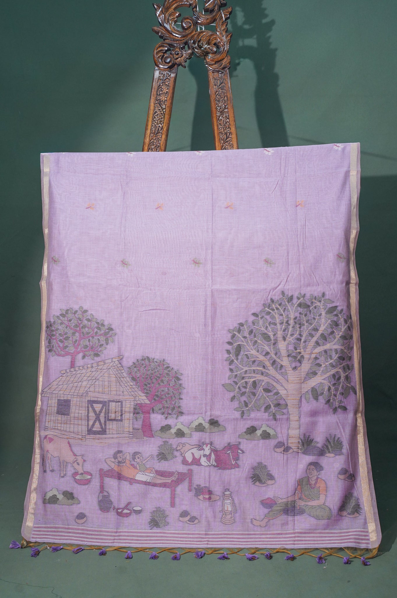 UTSAV BANARAS 339: Beautiful Move Serene Soft Silk Saree with Handwoven Village Scene Pallu &amp; Zari Patta Border