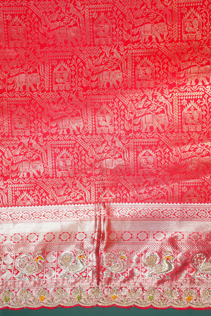 "Founder Choice 041" Banarasi Royal Red Pure Kanjivaram Barik Zardozi Cut Work Border Embroidered Silk Saree