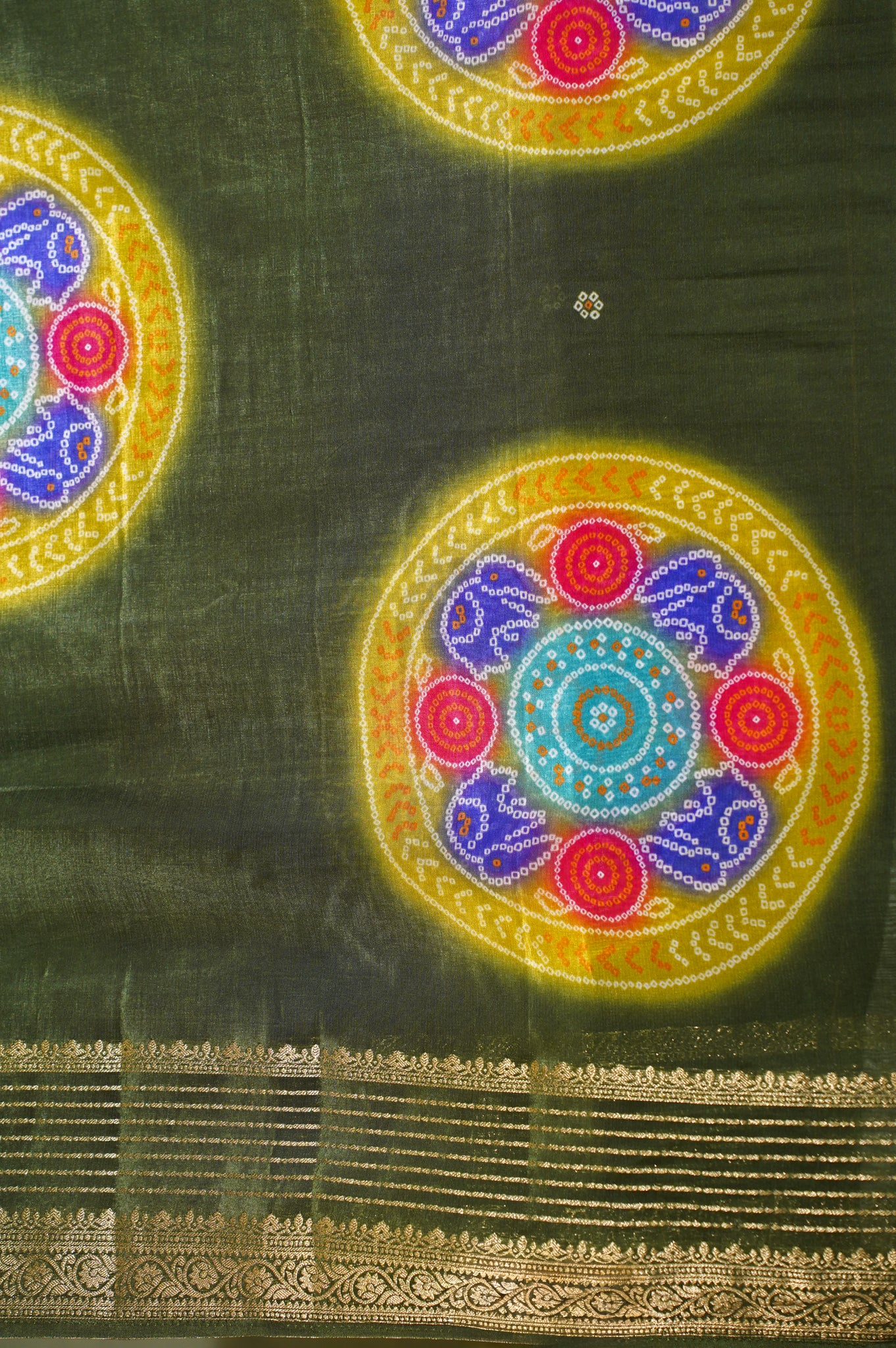 Waah Banaras 069 Olive Green Malai Silk Saree with Chunari Big Buta Print &amp; Zari Border