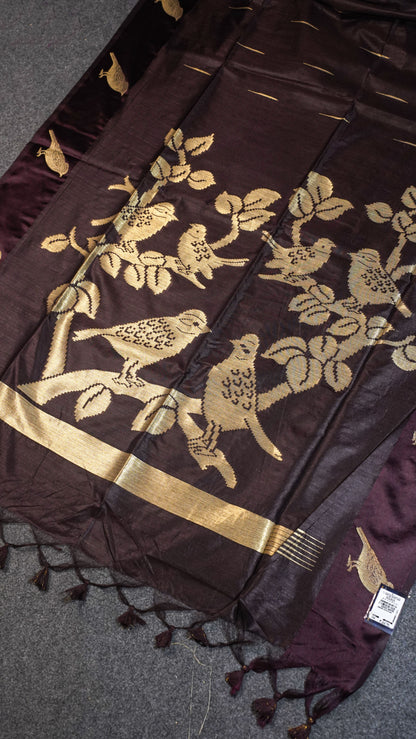 "UTSAV BANARAS 111" Banarasi Dark Brown Raw Silk With Bird Border Saree