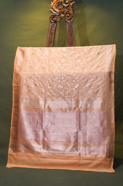 VIRASAT 334: Dusty Coral Pure Handloom Katan Silk Saree with Zari Shikargah &amp; Meenakari Work - Silk Mark Certified