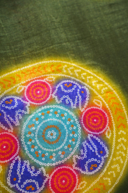 Waah Banaras 069 Olive Green Malai Silk Saree with Chunari Big Buta Print &amp; Zari Border