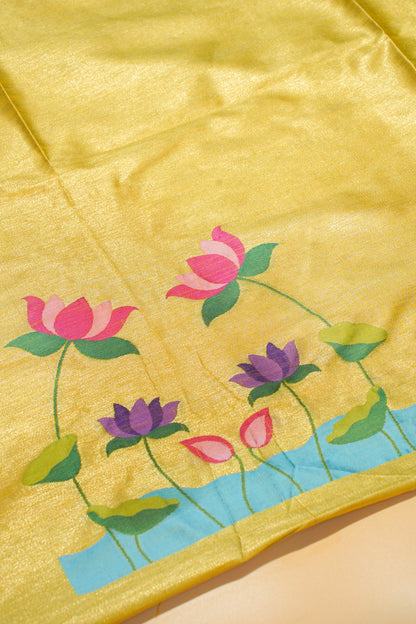 "UTSAV BANARAS 170" Banarasi Bright Yellow Cotton Tissue Silk Saree With Kamal Butta