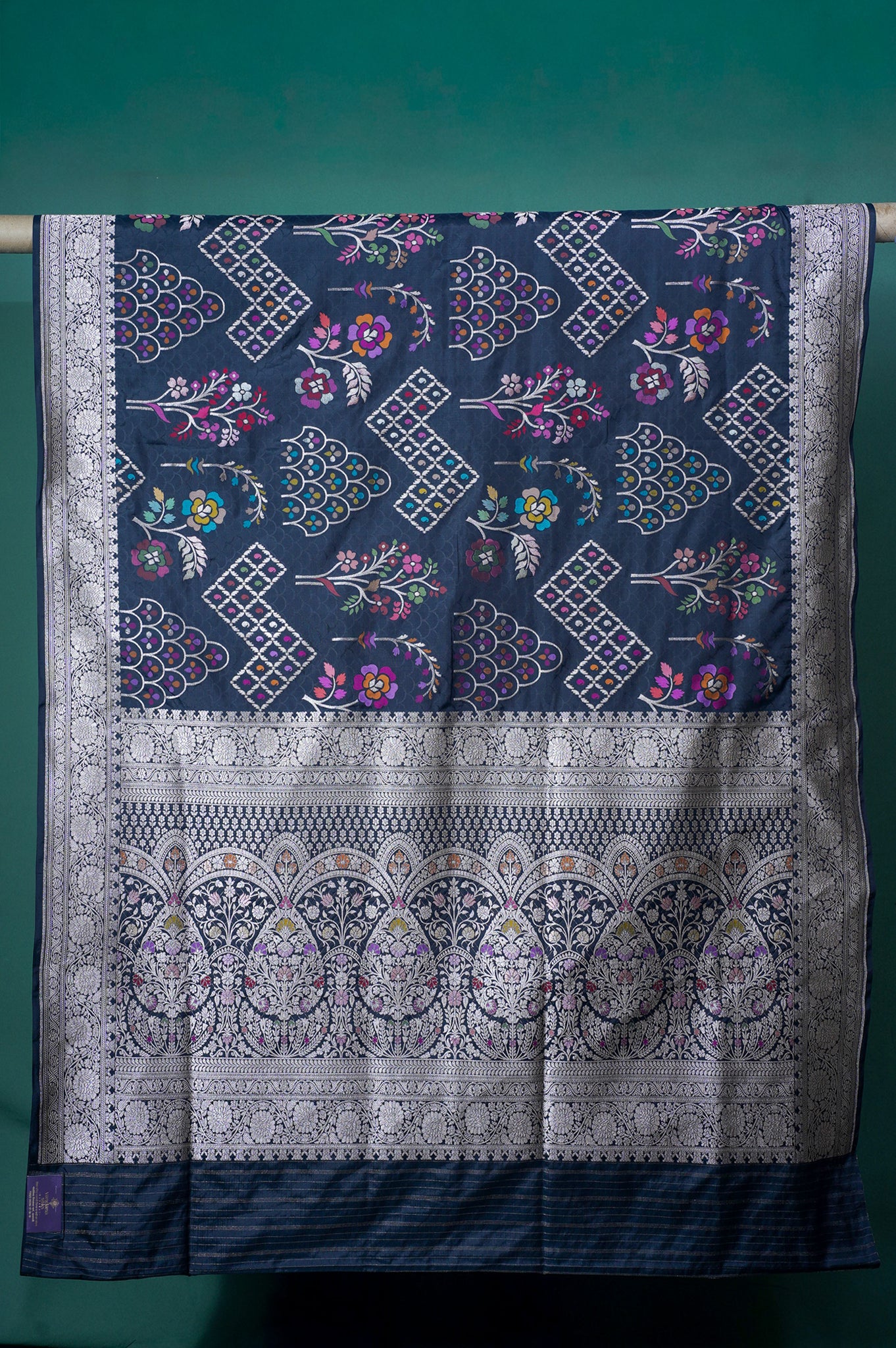 Founder Choice 036: Royal Black Pure Handloom Katan Silk Saree with Meenakari Floral Weaving