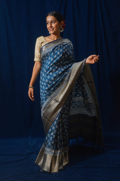 Blue Natural Moonga Georgette Saree with Handloom Border