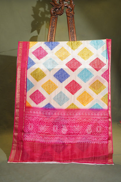 Waah Banaras 065 Creamy White &amp; Pink Malai Silk Saree with Chunari Square Print &amp; Zari Border