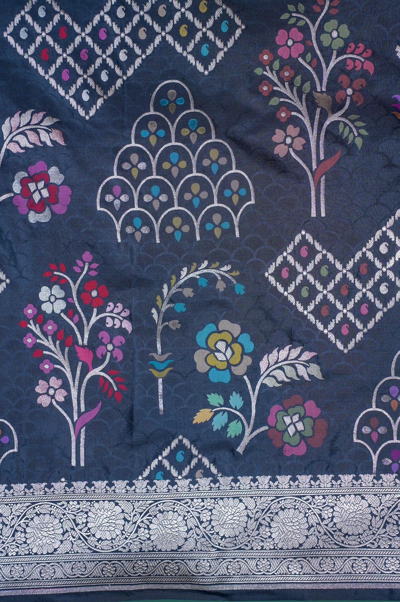 Founder Choice 036: Royal Black Pure Handloom Katan Silk Saree with Meenakari Floral Weaving